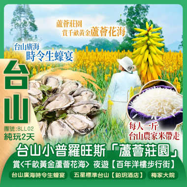 台山"小普羅旺斯"「蘆薈莊園」賞<千畝黃金蘆薈花海>  夜遊【百年洋樓步行街】 不時不食《台山廣海時令生蠔宴》 包每人一斤台山農家米帶走 純玩2天