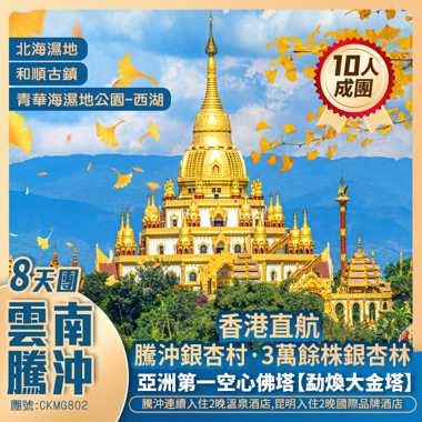 雲南騰沖銀杏村+保山·永昌閣+芒市·勐煥大金塔+瑞麗·姐告國門+文昌宫+重本包雙動車+香港直航純玩8天團